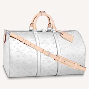 Louis Vuitton LV Unisex Keepall Bandoulière 50 Bag Monogram Mirror Coated Canvas Natural Cowhide | AlmaBagz