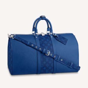 Louis Vuitton LV Unisex Keepall Bandoulière 50 Blue Taiga Cowhide Leather Monogram Eclipse Coated Canvas | AlmaBagz
