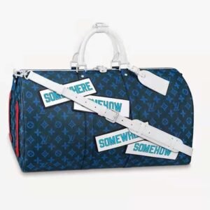 Louis Vuitton LV Unisex Keepall Bandoulière 50 Travel Bag Blue Monogram Canvas | AlmaBagz
