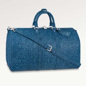 Louis Vuitton LV Unisex Keepall Bandoulière 50 Weekend Bag Denim Blue Cowhide Leather | AlmaBagz