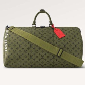 Louis Vuitton LV Unisex Keepall Bandoulière 55 Khaki Green Vermillion Red Monogram Canvas | AlmaBagz