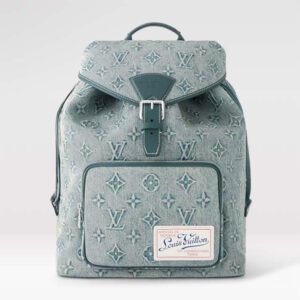 Louis Vuitton LV Unisex Montsouris Backpack Monogram Washed Denim Coated Canvas Cowhide Leather | AlmaBagz