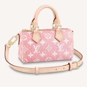 Louis Vuitton LV Women Nano Speedy Monogram Jacquard Denim Pink Cowhide Leather | AlmaBagz
