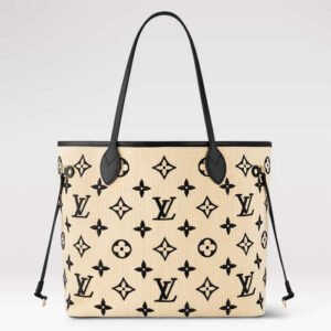 Louis Vuitton LV Unisex Neverfull MM Black Lotus Cotton Cowhide Leather | AlmaBagz