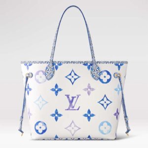 Louis Vuitton LV Unisex Neverfull MM Blue Monogram Coated Canvas Textile Lining | AlmaBagz