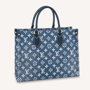 Louis Vuitton LV Unisex Onthego MM Tote Navy Blue Denim Jacquard Textile Calf | AlmaBagz