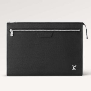 Louis Vuitton LV Unisex Pochette 24H Black Taiga Cowhide Leather Zip Closure | AlmaBagz
