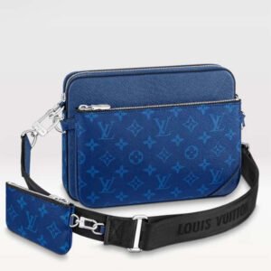 Louis Vuitton LV Unisex Trio Messenger Cobalt Blue Monogram Coated Canvas Taiga Cowhide Leather | AlmaBagz