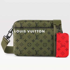 Louis Vuitton LV Unisex Trio Messenger Khaki Green Vermillion Red Monogram Canvas Cowhide Leather | AlmaBagz