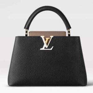 Louis Vuitton LV Women Capucines MM Handbag Black Fusain Cognac Taurillon Cowhide Leather | AlmaBagz
