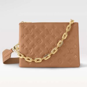 Louis Vuitton LV Women Coussin PM Handbag Camel Monogram Embossed Puffy Lambskin Calfskin Leather | AlmaBagz