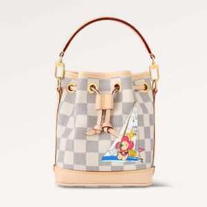 Louis Vuitton LV Women Nano Noé Bucket Bag Dragon Fruit Pink Damier Azur Coated Canvas | AlmaBagz