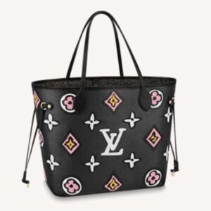Louis Vuitton LV Women Neverfull MM Tote Black Monogram Coated Canvas Cowhide Leather | AlmaBagz