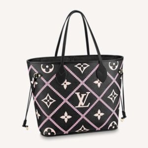 Louis Vuitton LV Women Neverfull MM Tote Black Pink Grained Cowhide Leather | AlmaBagz