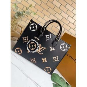Louis Vuitton LV Women OnTheGo MM Black Beige Embossed Grained Cowhide Leather | AlmaBagz