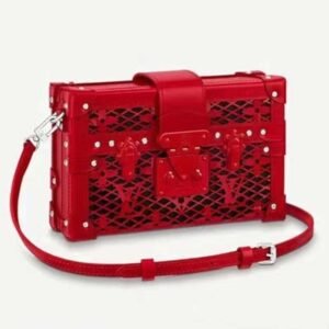 Louis Vuitton LV Women Petite Malle Handbag Red Patent Calfskin Cowhide Leather | AlmaBagz