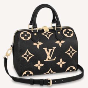 Louis Vuitton LV Women Speedy Bandoulière 25 Handbag Black Beige Embossed Grained Cowhide | AlmaBagz