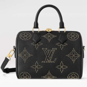 Louis Vuitton LV Women Speedy Bandoulière 25 Handbag Black Monogram Empreinte Grained Cowhide Leather Studs | AlmaBagz