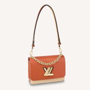 Louis Vuitton LV Women Twist MM Handbag Orange Raffia Smooth Cowhide Leather | AlmaBagz