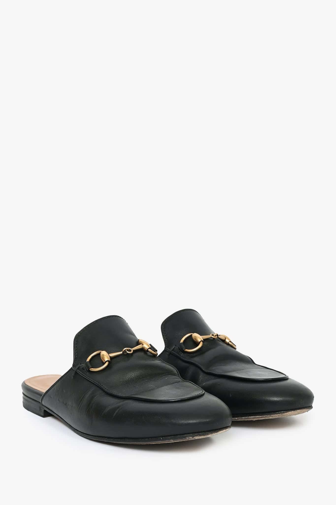 Gucci Black Leather Horsebit Princeton Slides Size 35.5 | AlmaBagz