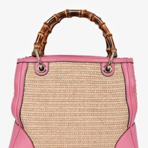 Gucci Pink Leather Trim Raffia Bamboo Top Handle With Strap | AlmaBagz
