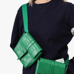 Gucci Green Calfskin GG Embossed Double Belt Bag | AlmaBagz