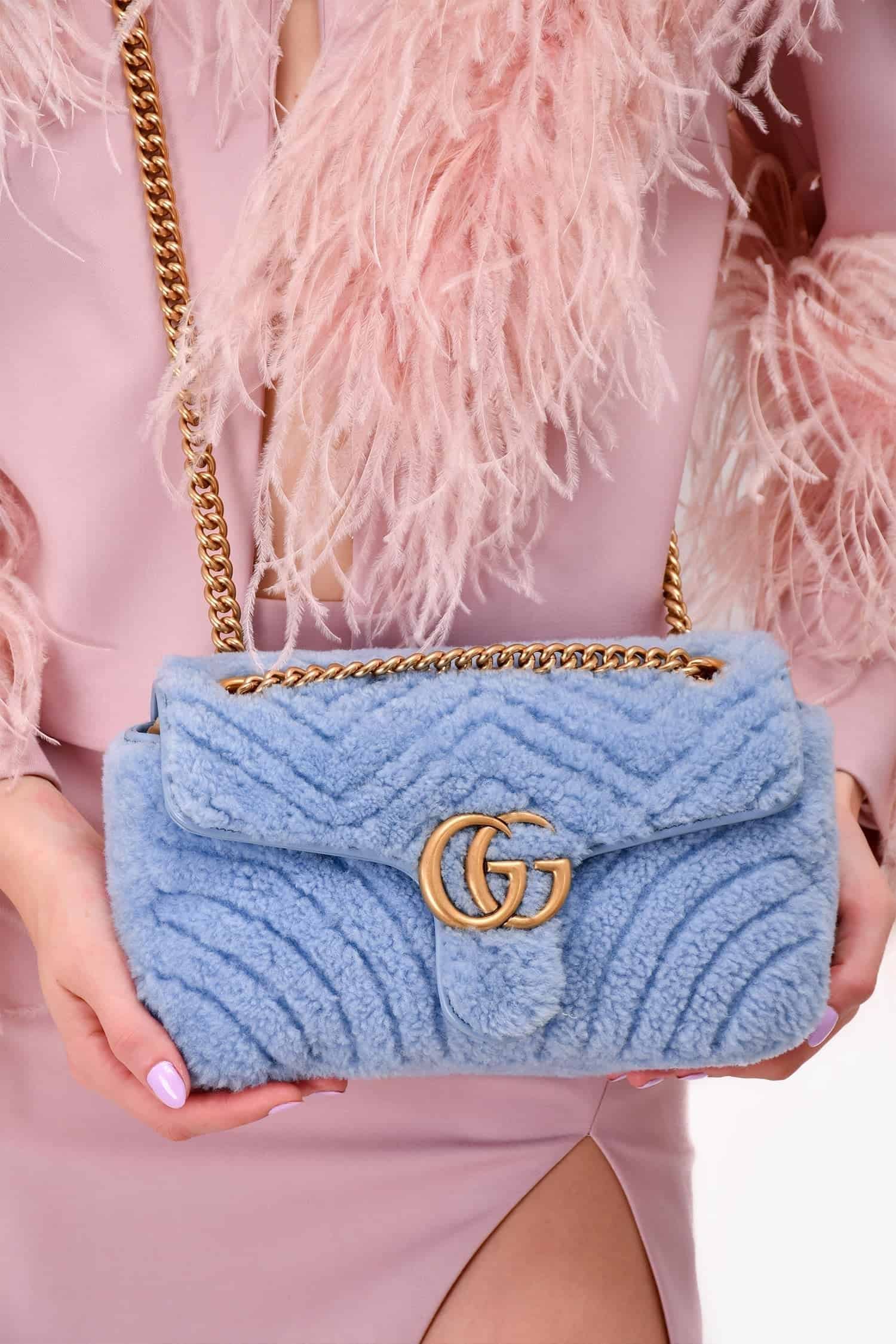 Gucci Blue Shearling Marmont Shoulder Bag | AlmaBagz