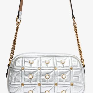 Gucci Silver Leather Pearl Studded Marmont Crossbody Bag | AlmaBagz