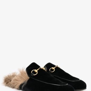 Gucci Velvet Navy Fur Princetown Slides Size 6.5 | AlmaBagz