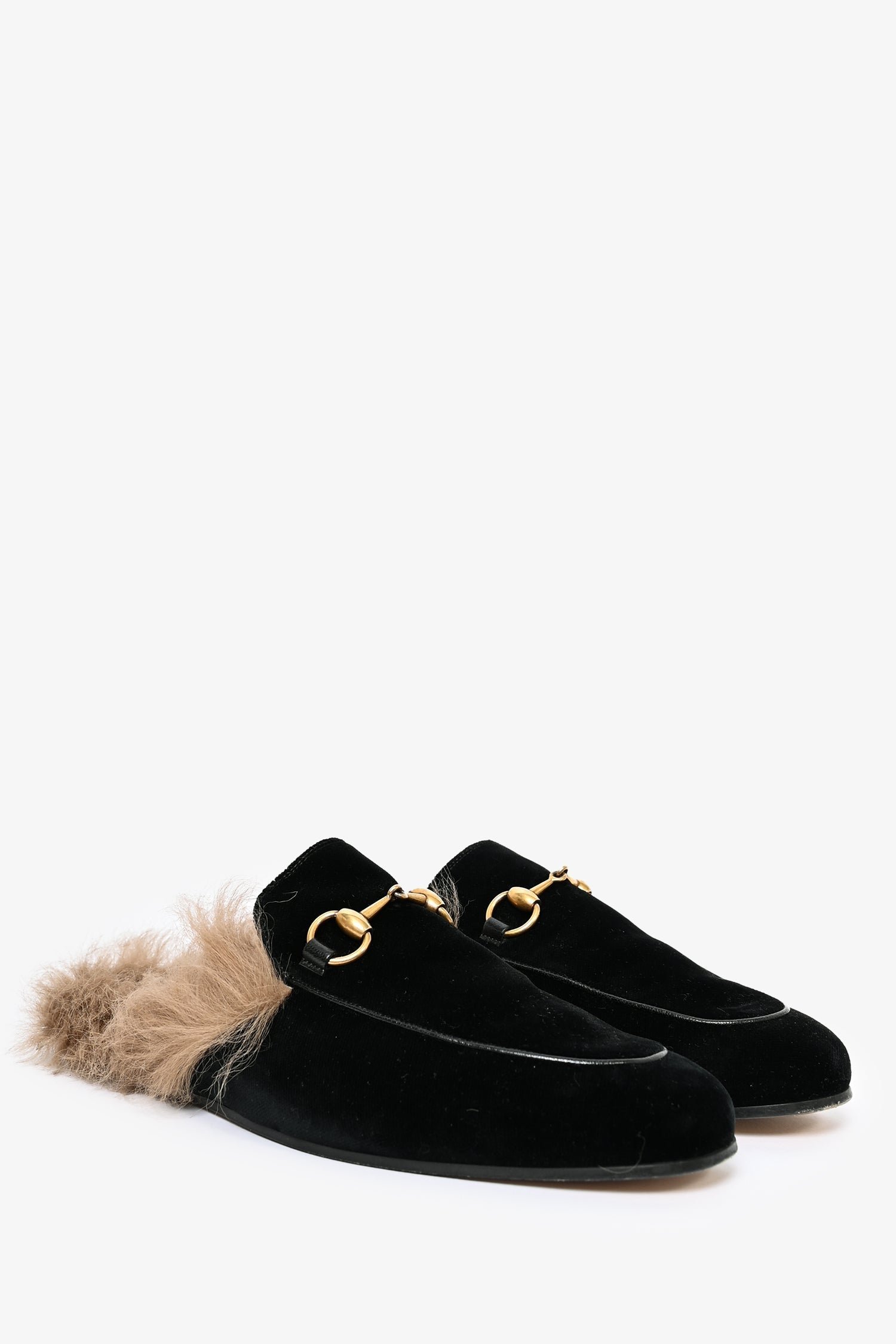 Gucci Velvet Navy Fur Princetown Slides Size 6.5 | AlmaBagz