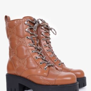 Gucci Brown Leather Quilted Monogram Boots Size 36.5 | AlmaBagz