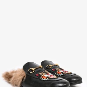 Gucci Black Leather Tiger Embroidered Slip On Fur Loafers Size 10 Mens | AlmaBagz