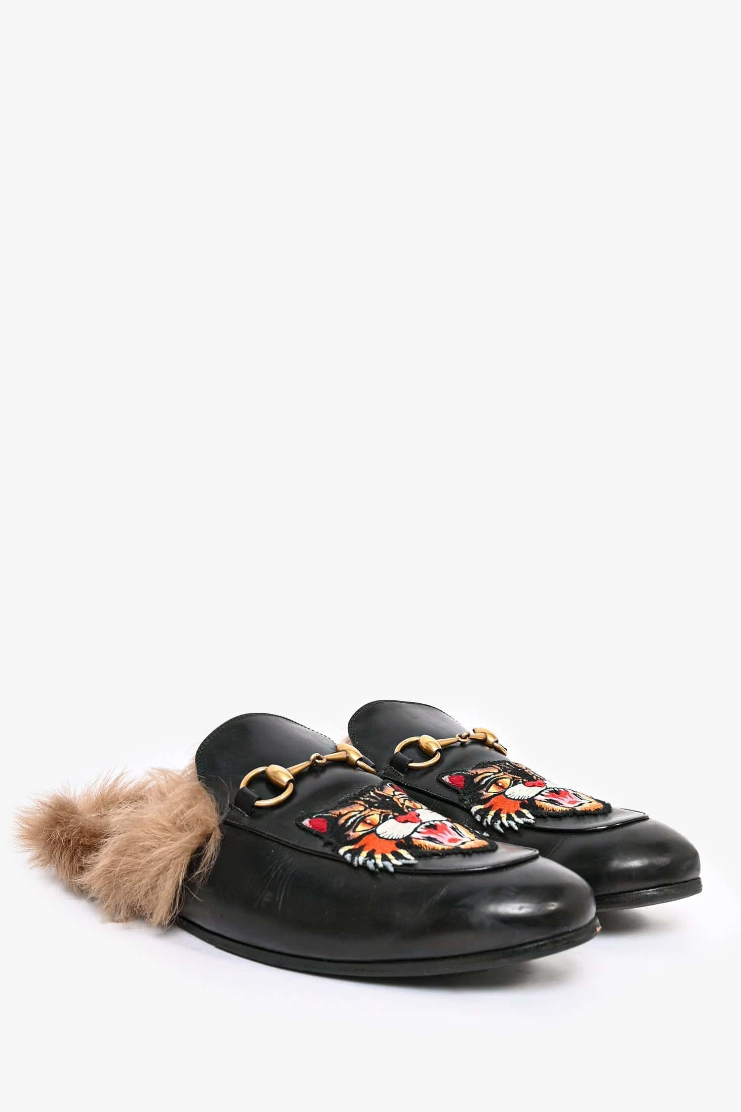 Gucci Black Leather Tiger Embroidered Slip On Fur Loafers Size 10 Mens | AlmaBagz