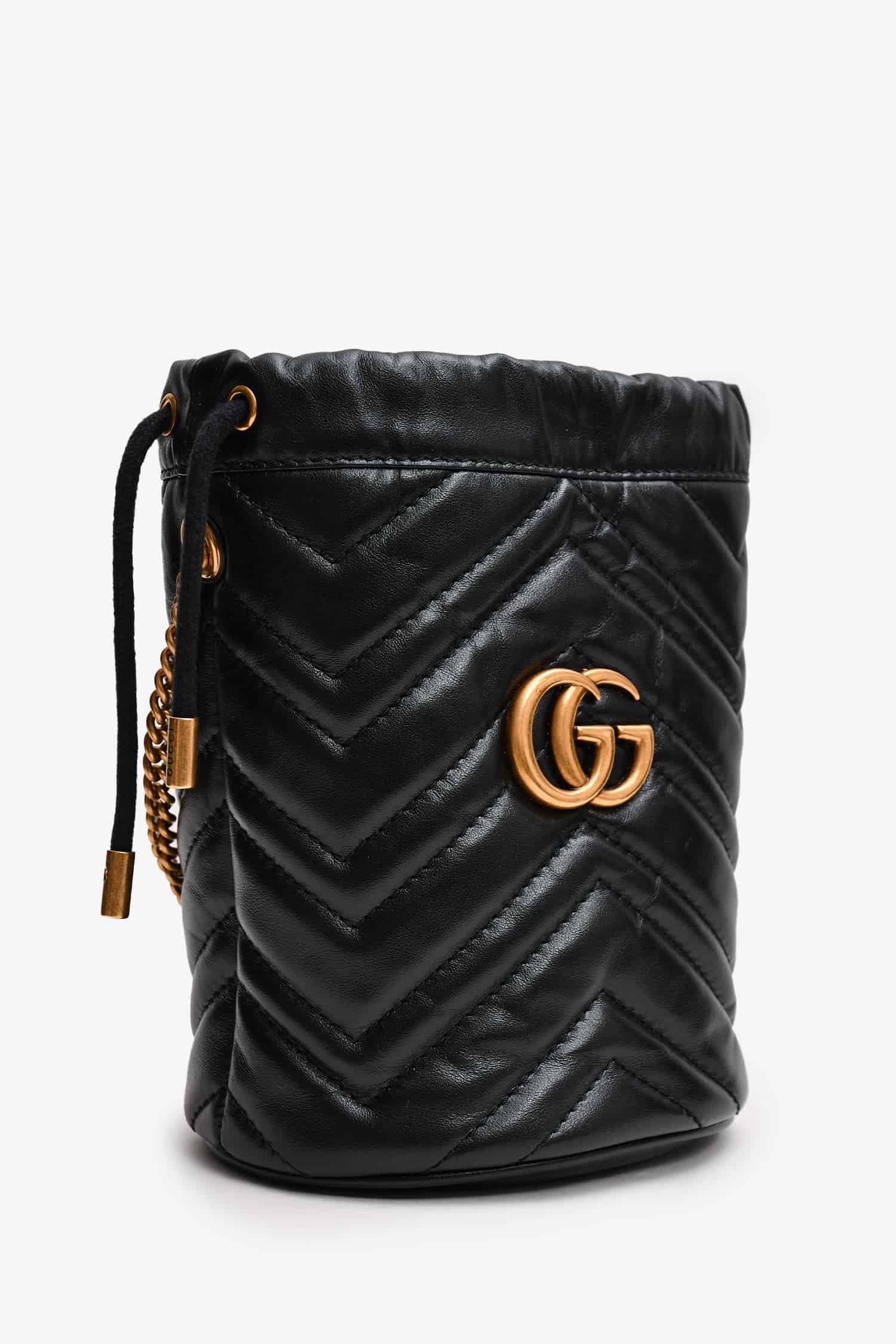 Gucci Black Leather Marmont Drawstring Mini Bucket Bag | AlmaBagz