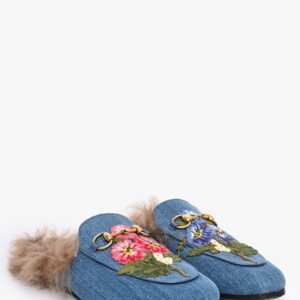 Gucci Blue Denim Embroidered Princetown Slip-On Mules Size 36 | AlmaBagz
