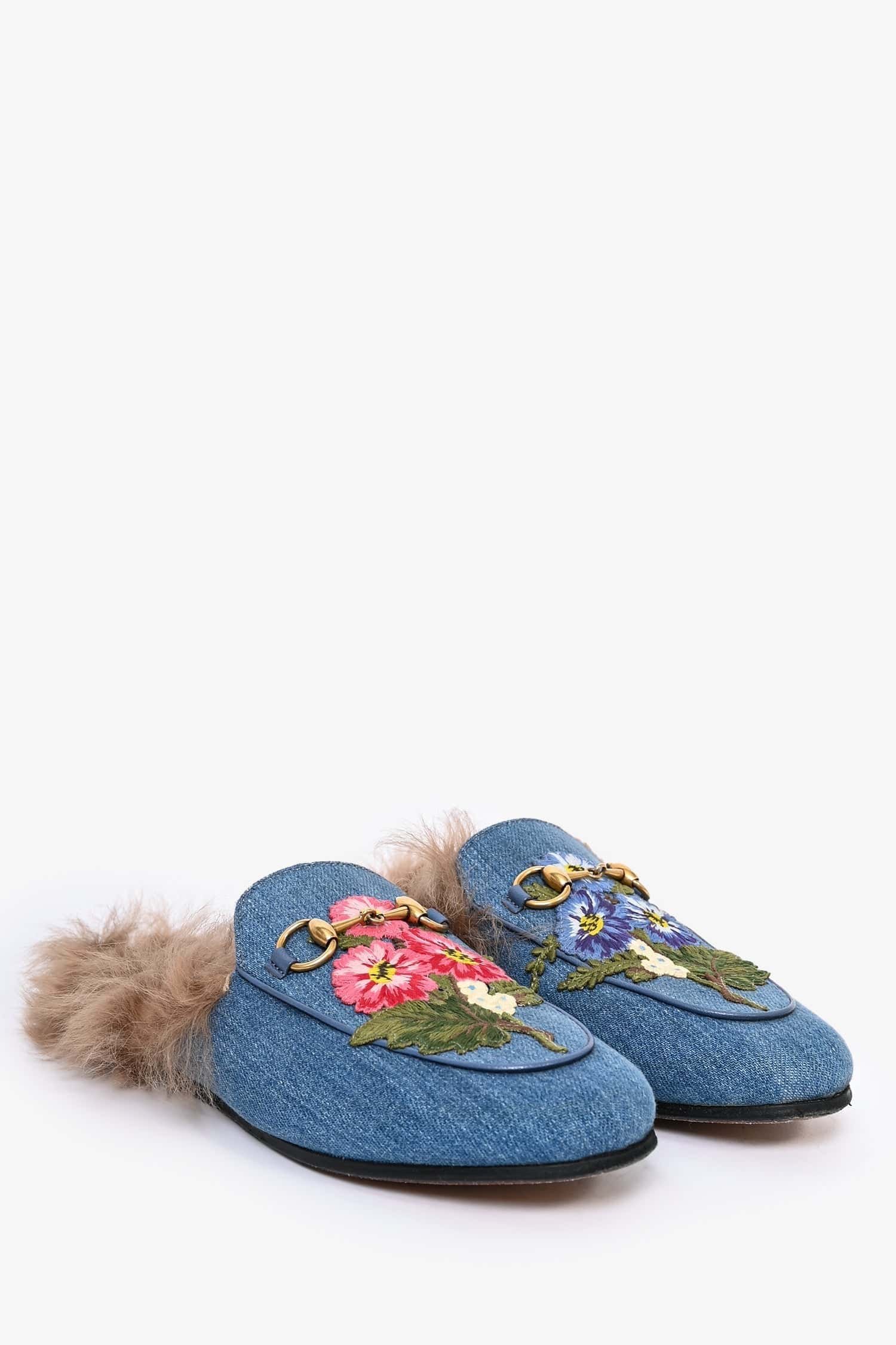 Gucci Blue Denim Embroidered Princetown Slip-On Mules Size 36 | AlmaBagz