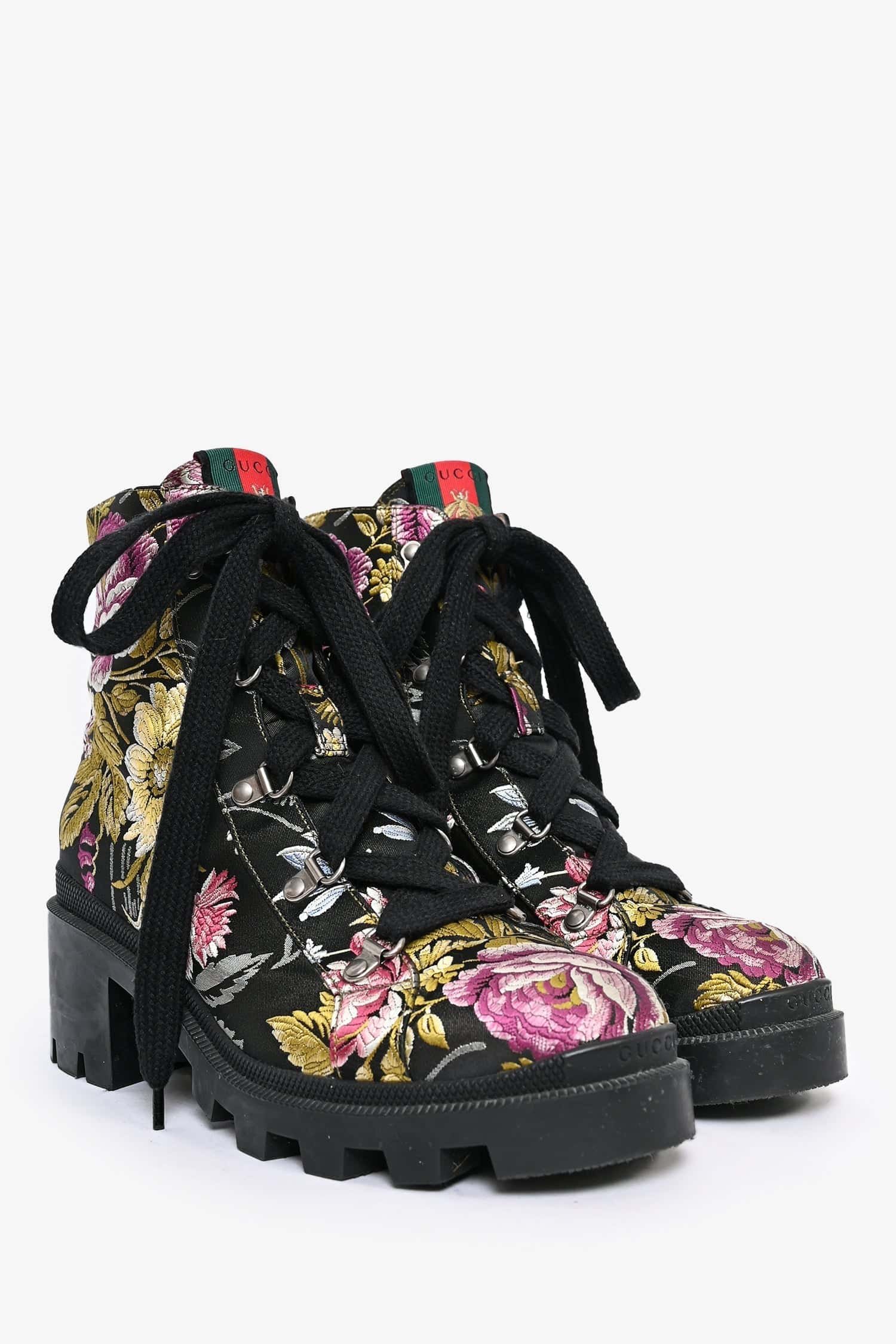 Gucci Black Floral Combat Boots Size 40.5 | AlmaBagz