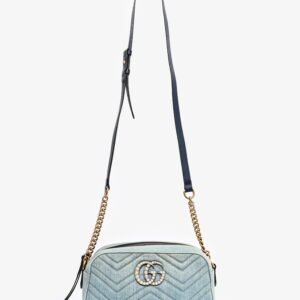 Gucci Blue Denim Pearly GG Small Marmont Camera Bag | AlmaBagz