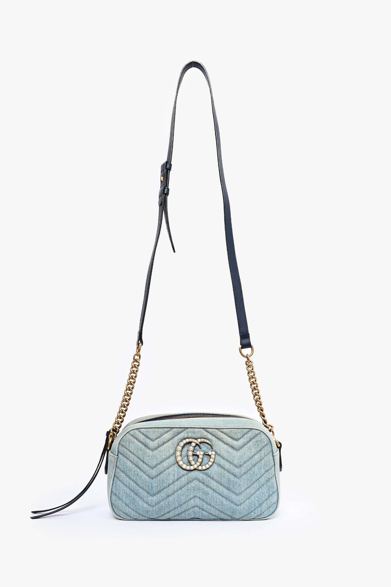 Gucci Blue Denim Pearly GG Small Marmont Camera Bag | AlmaBagz