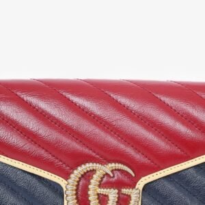 Gucci Red/Navy Quilted Marmont Wallet On Chain | AlmaBagz