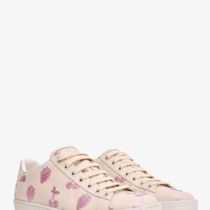 Gucci Beige Leather Pink Metallic Strawberry Printed Sneakers Size 37.5 | AlmaBagz