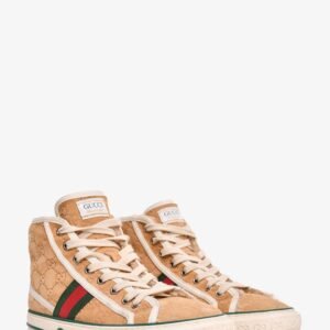 Gucci Beige Suede Leather Shearling Lined GG Supreme Mid Top Sneakers Size 38 | AlmaBagz