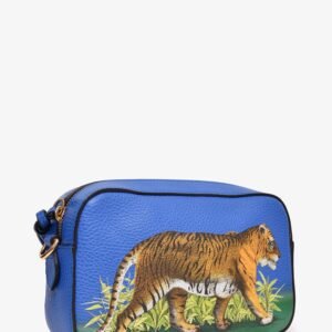 Gucci Blue Grained Leather Tiger Painted Web Strap Sylvie Crossbody | AlmaBagz