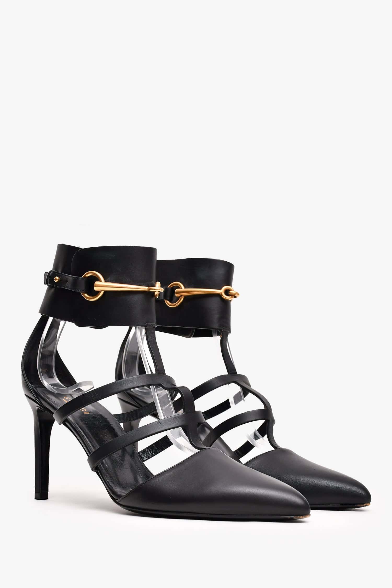 Gucci Black Leather T-Strap Horsebit Cuff Heels Size 39 (As Is) | AlmaBagz