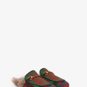 Gucci Red/Green Houndstooth Fur Lined Princetown Slides Size 6 Mens | AlmaBagz