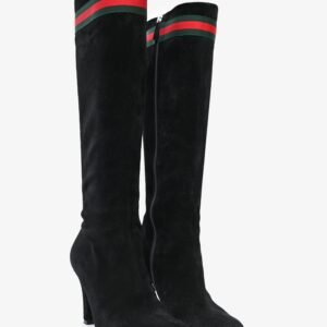 Gucci Black Suede Web Accent Knee High Heeled Boots Size 37 | AlmaBagz