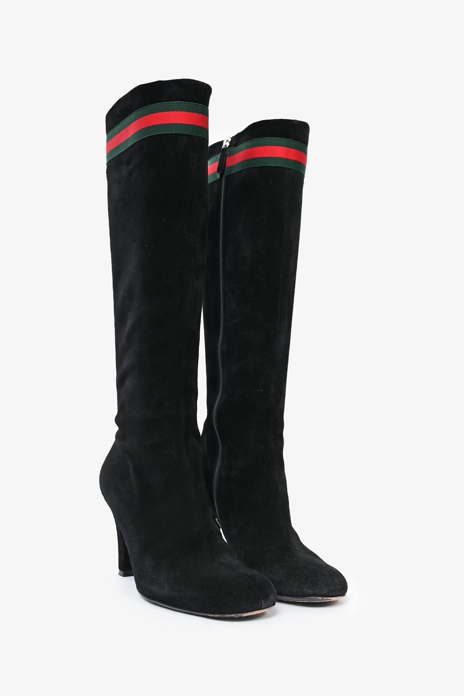 Gucci Black Suede Web Accent Knee High Heeled Boots Size 37 | AlmaBagz