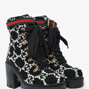 Gucci Black/White Tweed Heeled Combat Boots Size 35.5 | AlmaBagz