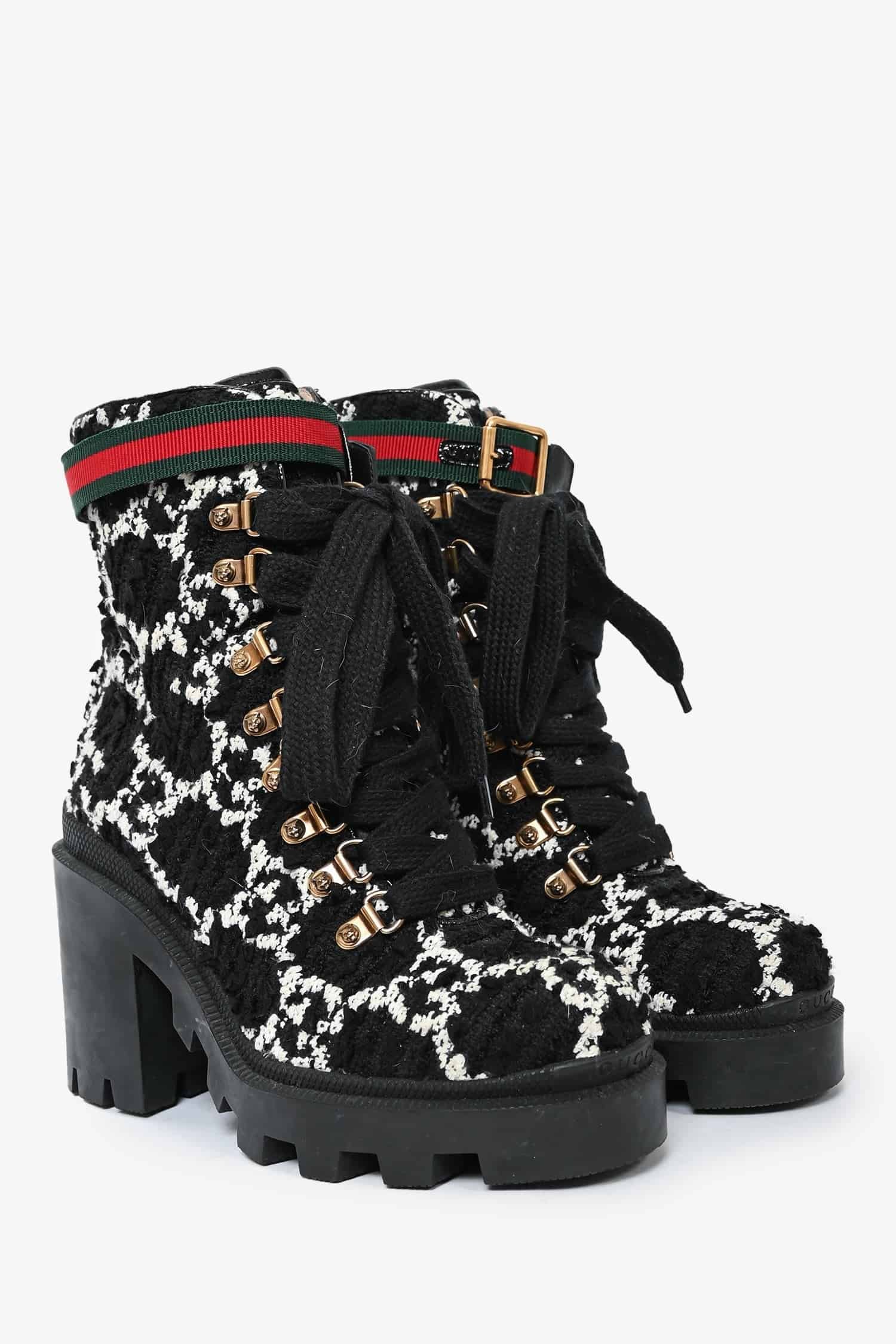 Gucci Black/White Tweed Heeled Combat Boots Size 35.5 | AlmaBagz