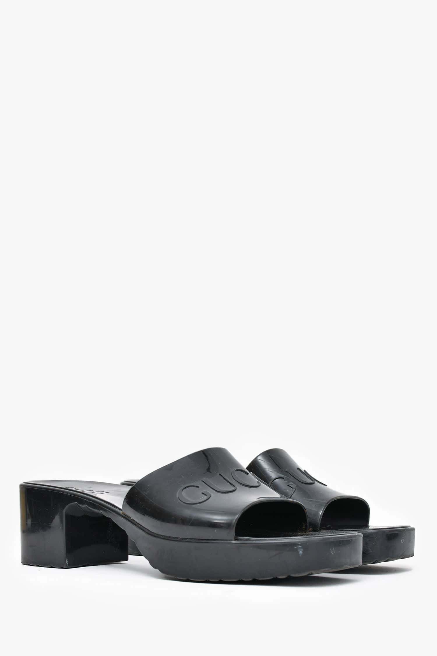 Gucci Black Rubber Logo Heeled Sandals Size 38 | AlmaBagz